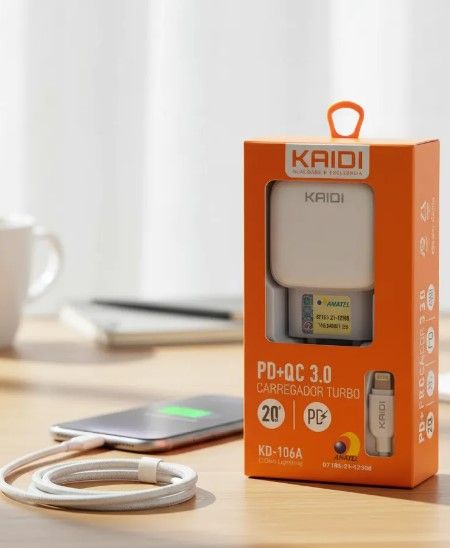 Carreg. Tomada KAIDI USBA-USBC 20W Lighti...