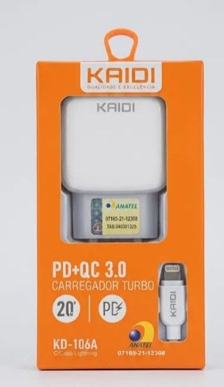 Carreg. Tomada KAIDI USBA-USBC 20W Lighti...